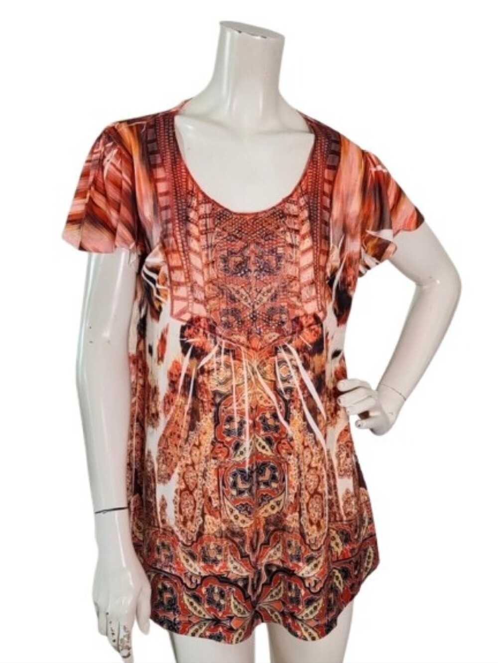 One World Boho Top Women's L Orange Embellished Tunic Whimsigoth